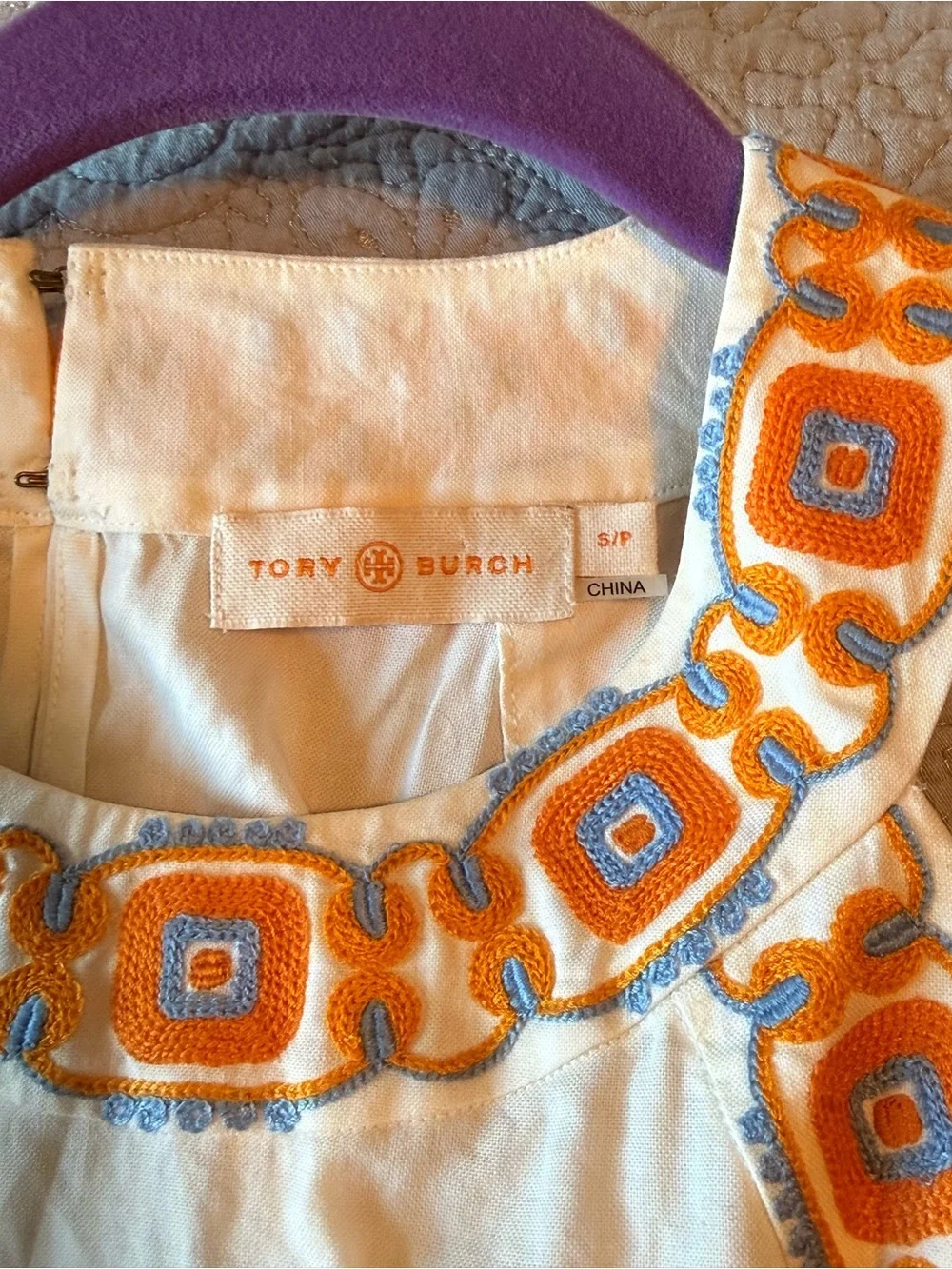 Tory Burch White Sleeveless Dress with Orange and Light Blue Embroidery